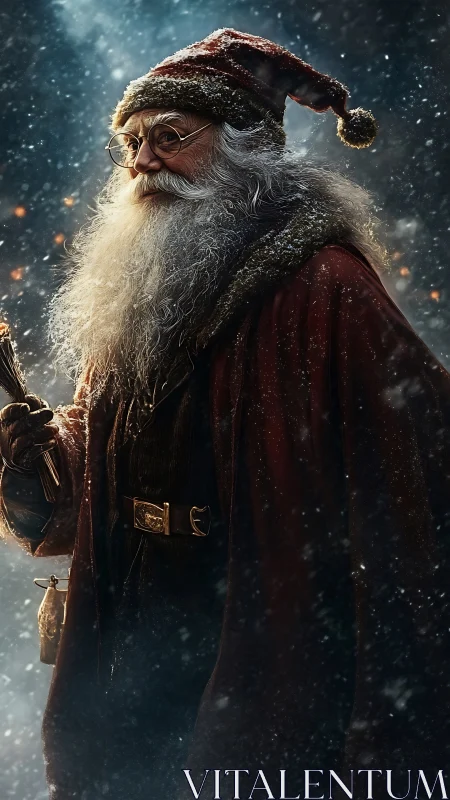 Bearded winter sage walks through snowlit forest night.