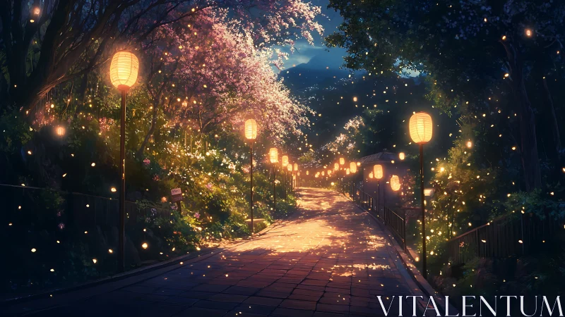 Lantern lit cherry blossom path glowing with gentle magic.