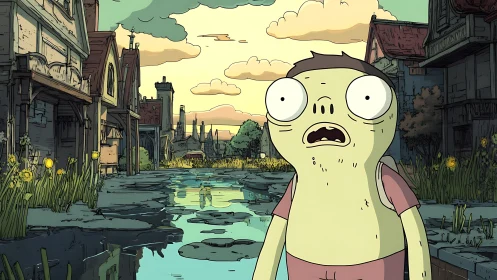 Bug-eyed wanderer gawks at swampy medieval main street.
