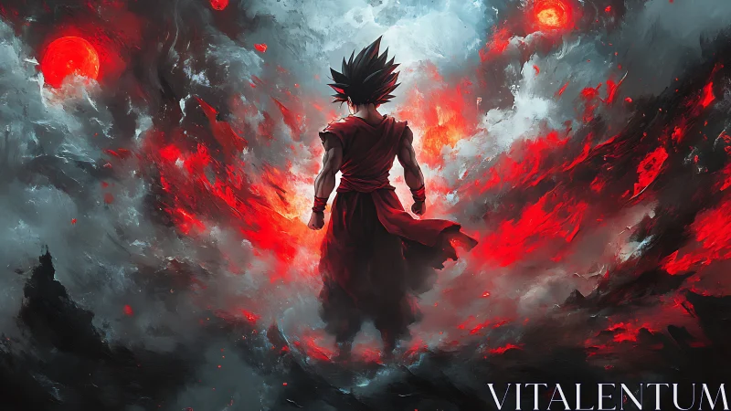 Silhouetted warrior in red cloak amid fiery storm clouds.
