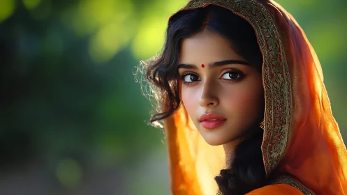 High-fidelity portrait of veiled woman in rim-lit bokeh field.