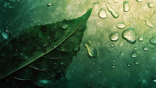 Macro botanical study of leaf surface and water droplets.