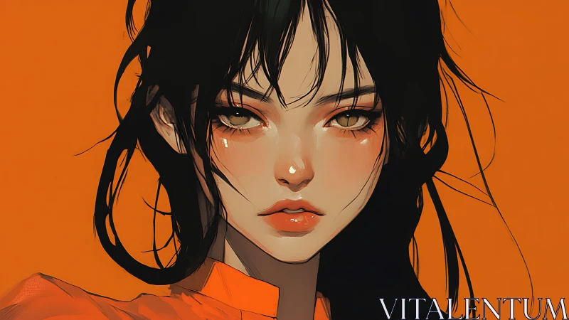 Ember-eyed girl poised against a blazing orange hush.