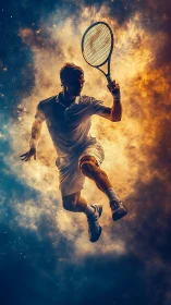 Dynamic tennis silhouette in dual-tone atmospheric lighting.