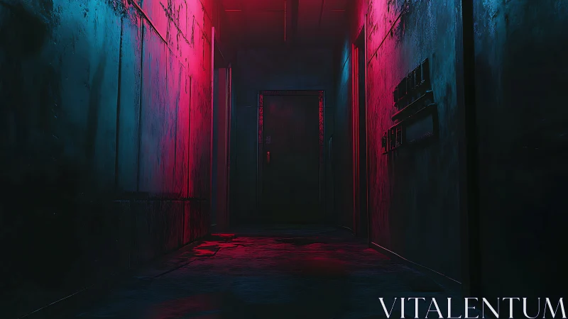 Neon-lit dystopian hallway glows with eerie cyberpunk tension