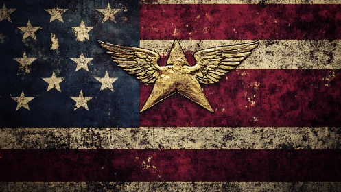 Weathered US flag with central golden winged star emblem