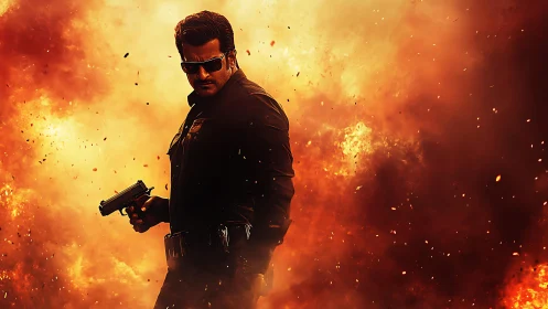 Armed action hero strides through cinematic firestorm backdrop
