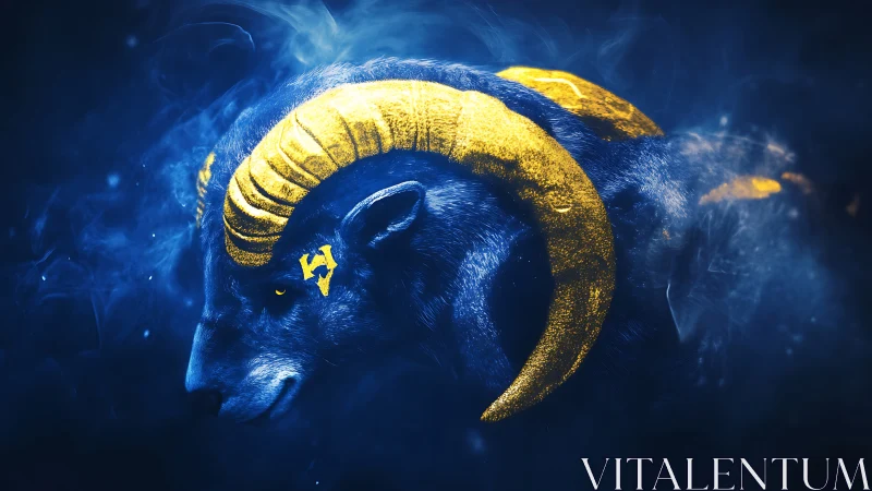 Digital profile portrait shows blue ram with yellow horns
