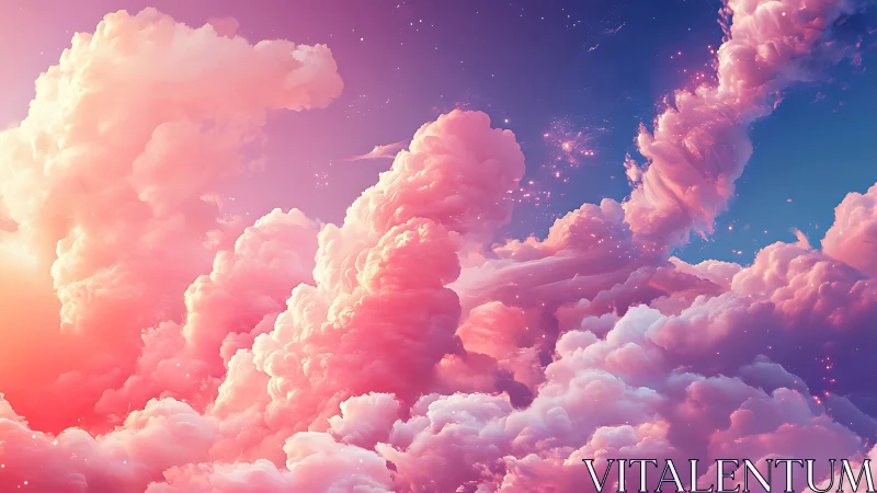 Pink and violet cumulus cloudscape under clear sky.