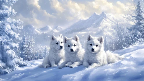 Three white canine pups rest in a snowy alpine landscape