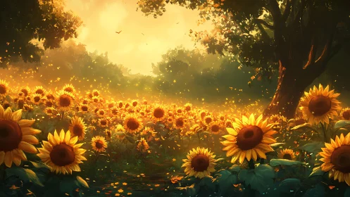 Sunlit sunflower field renders atmospheric golden-hour depth