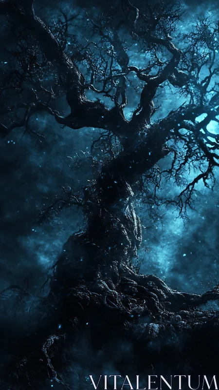 Gnarled tree trunk rises through dense blue mist at night