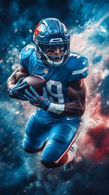 Football player running with ball in dynamic blue haze.