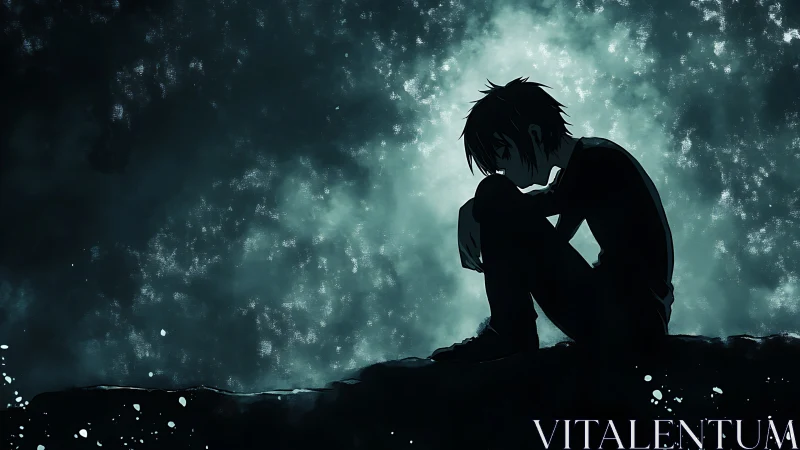 Silhouetted anime figure in introspective nocturnal composition.