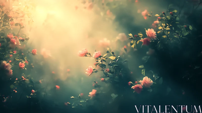 Roses blooming through soft golden haze.