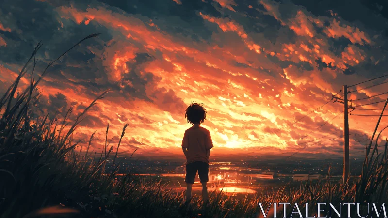 Solitary child watching blazing anime sunset skyscape.
