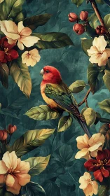 Parrot on foliage branch rendered with textured digital brushwork