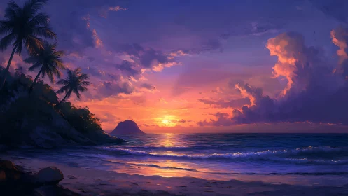 Tropical shoreline glows under vivid violet sunset sky.