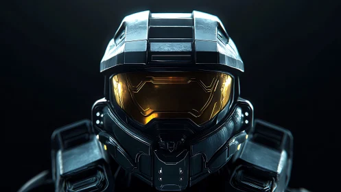 Armored space warrior gazes ahead through glowing visor