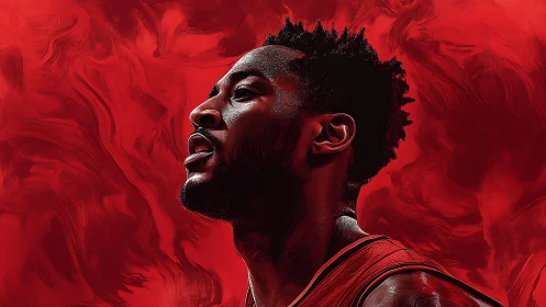 Digital portrait of basketball player in red abstract field.