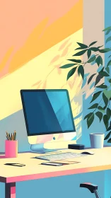 Minimal workspace desk with computer in pastel lighting.