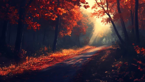 Autumnal Forest Corridor with Luminous Canopy Penetration.