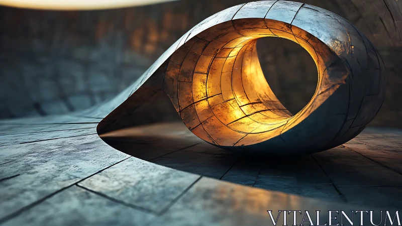 Curved metallic loop sculpture glows with warm inner light.