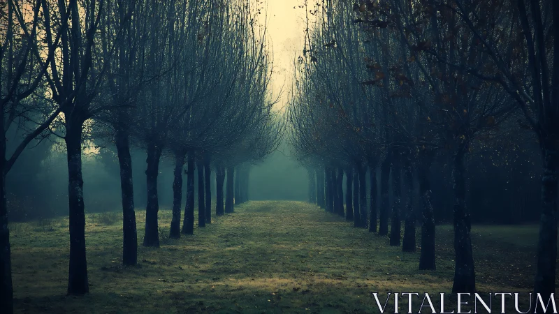 Symmetrical tree avenue in misty rural landscape at dawn.