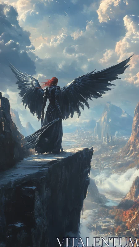 Winged armored figure overlooking vast mountain valley.