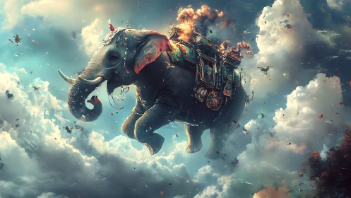 Levitation of a steampunk war-elephant amid turbulent cumulonimbus.