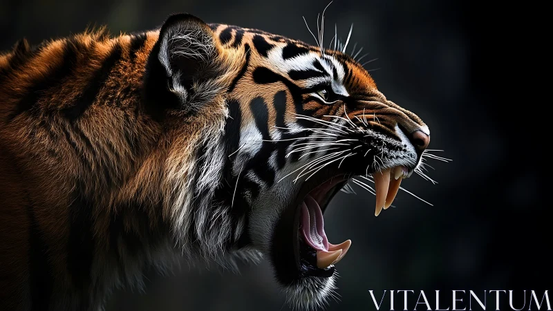 Midnight roar of the ember-striped tiger in sharp focus.