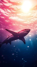 Sunset-tinted shark drifting through dreamy ocean light.