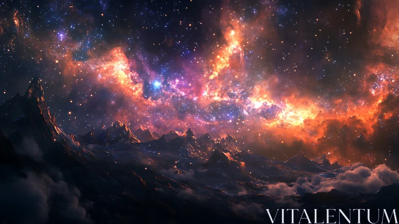 Stellar nebula above dark mountain range at night.