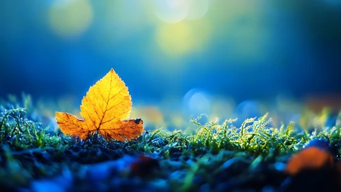 Single yellow leaf on dewy grass with soft blue background.