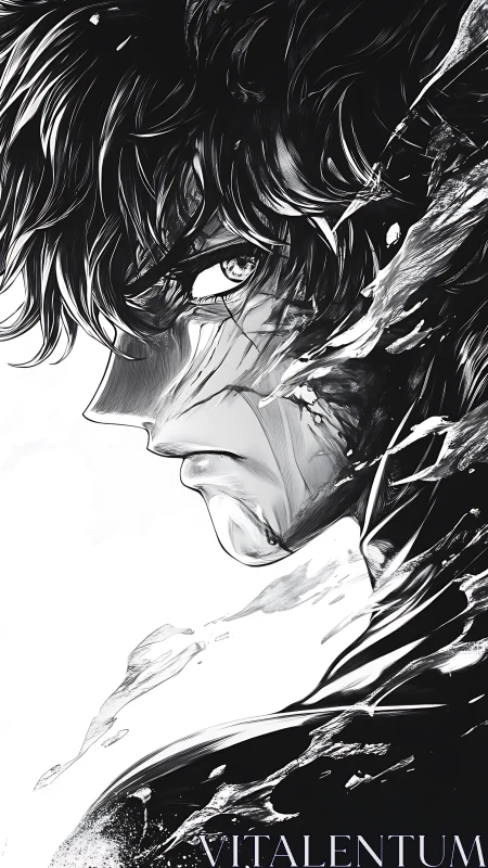 High contrast anime portrait with dissolving ink silhouette