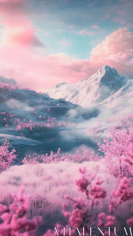 Pink-toned alpine valley with lake, trees, and distant peaks.
