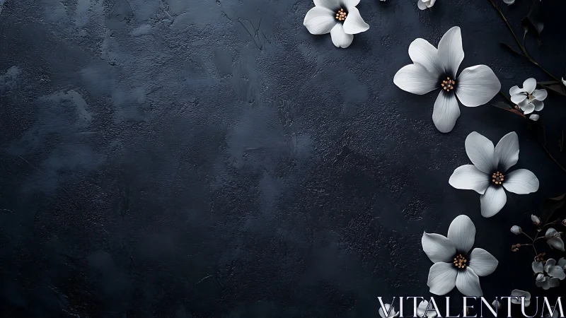 White Floral Arrangements on Textured Dark Blue Surface Display Botanical Composition