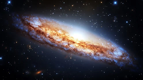 Edge-on spiral galaxy with dense dust lanes and blue star clusters