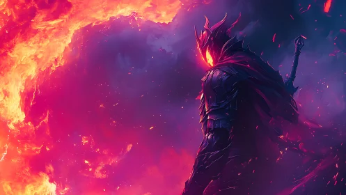 Flame-crowned warlord studies a swirling infernal horizon