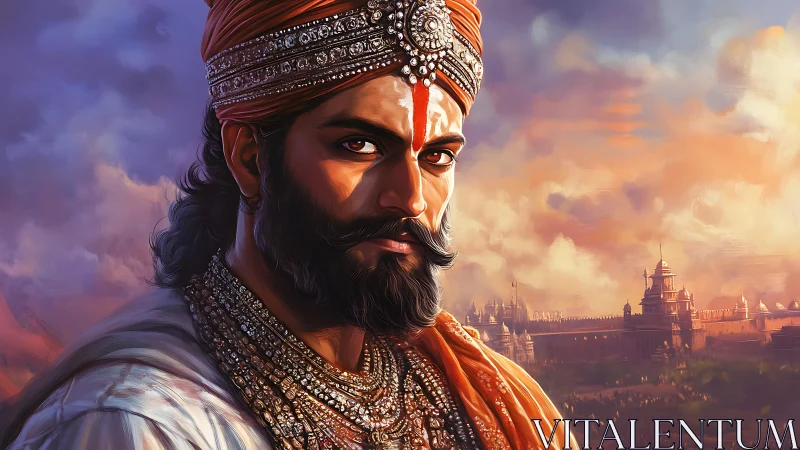 Regal warrior in sunset light guarding a distant kingdom.