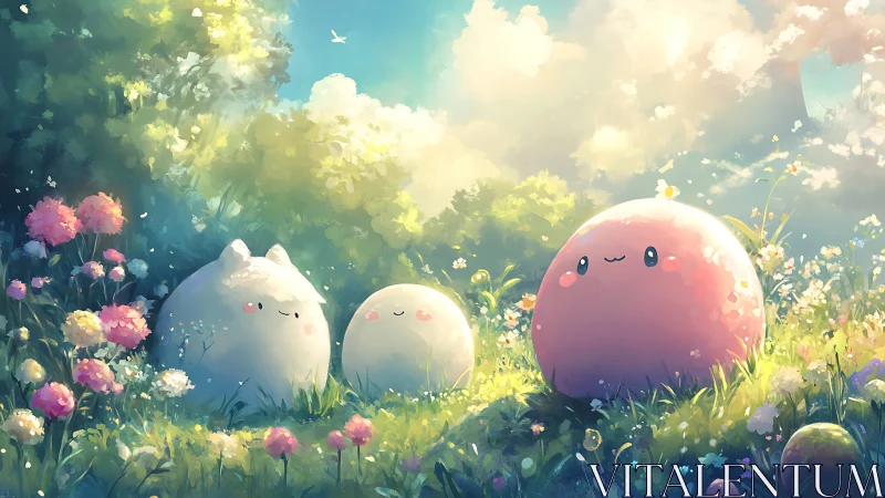 Smiling pastel blobs rest in sunlit forest meadow clearing
