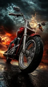 Chrome red motorcycle dominates wet road beneath storm sky