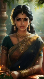 Regal South Indian woman in temple light with ornate jewelry.