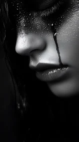Monochrome close-up portrait with tear-streaked wet skin detail.