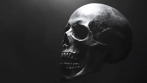 Side profile of metallic human skull on dark background.
