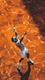 Clay court tennis serve captured in dynamic overhead view.