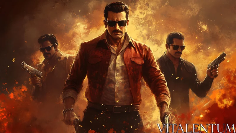 Triadic gunmen stride through incendiary, cinematic inferno