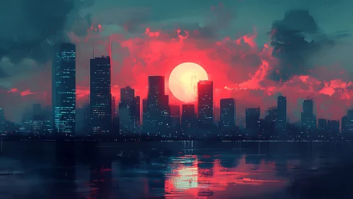 Neon dusk skyline with blazing sun over reflective bay.