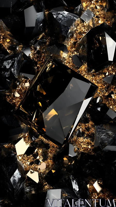 Black reflective crystals with embedded golden fragments.