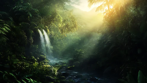 Tropical Cascade through Dense Canopy with Golden Atmospheric Diffusion.